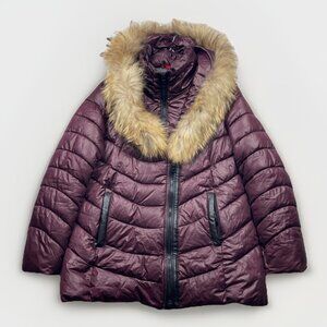 Ellabee Canada Quilted Puffer Winter Coat w/ real Fur Lined Hood Purple Mauve XL